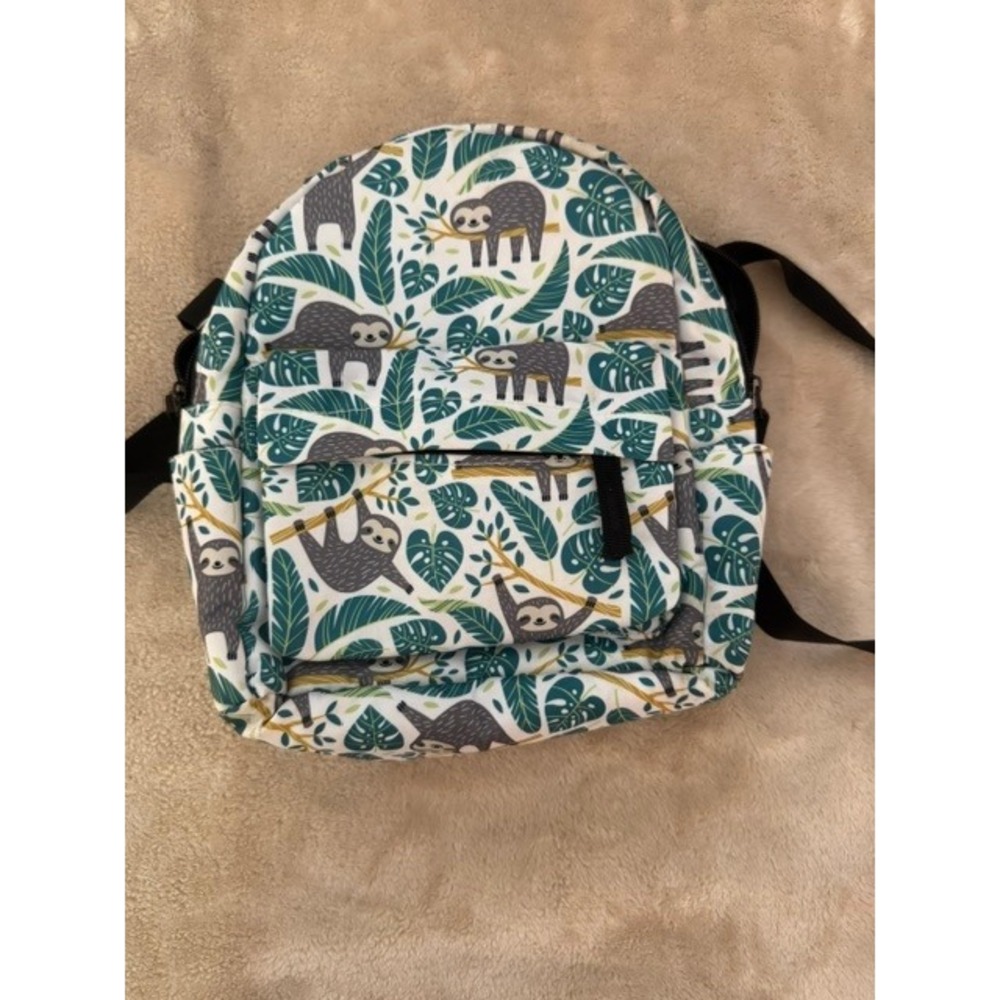 Sloth Tropical Leaf Print Mini Canvas Backpack Green White Adjustable Straps
